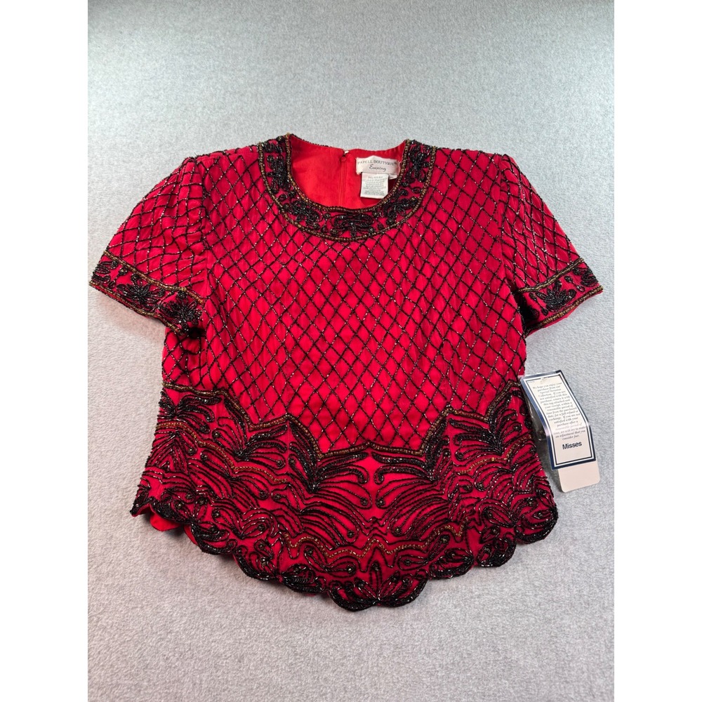 Papell Boutique Evening Red Silk Beaded Blouse Vintage Deadstock NWT Large